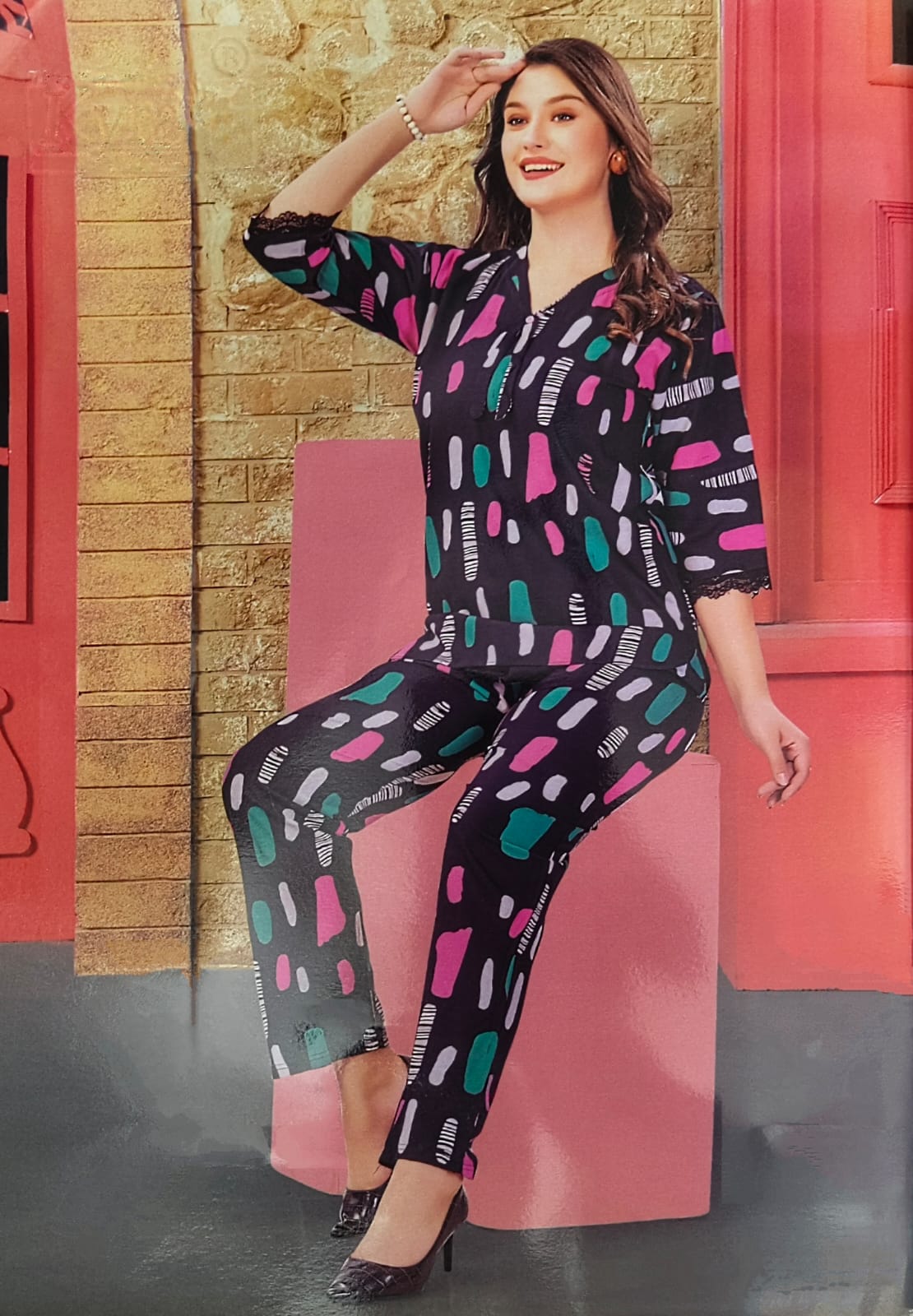 Abstract print three- quarter sleeve co-ord set night suit