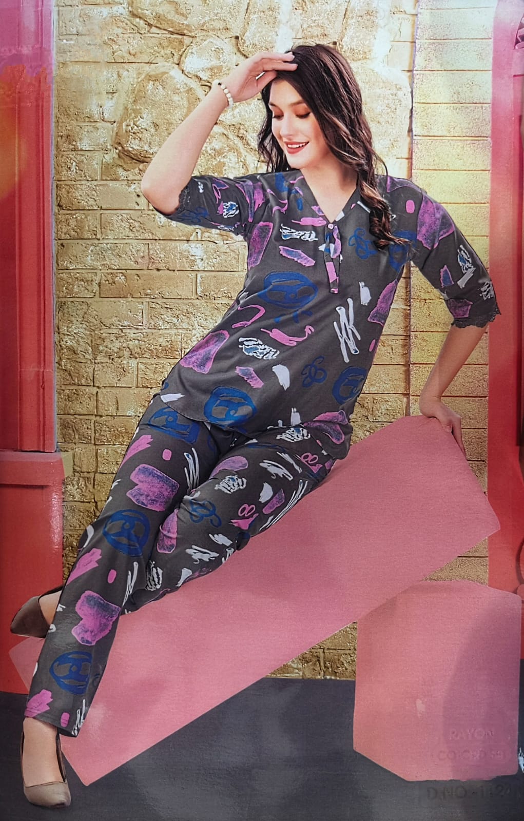 Abstract print rayon co-ord set night suit