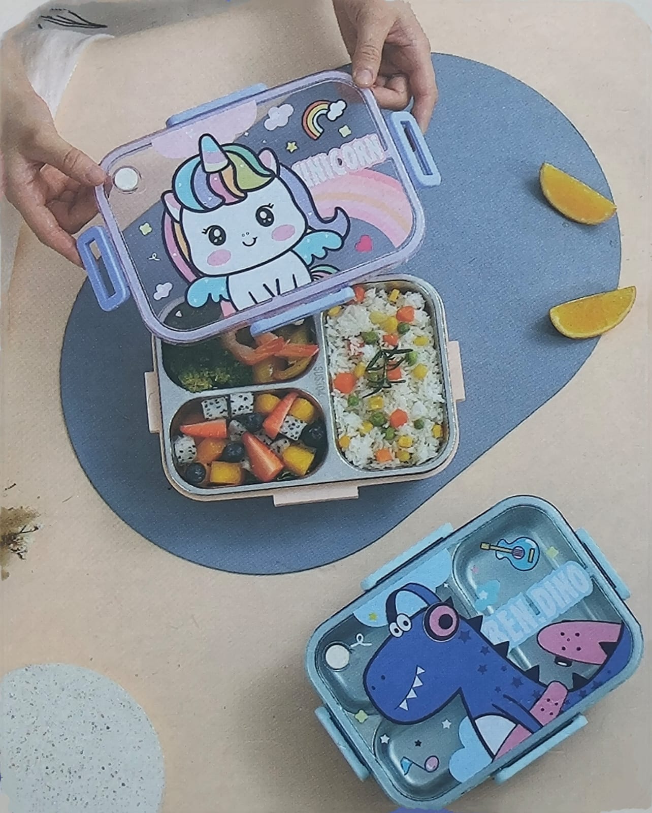 MyneeMoe Kids Character (800ml) 2 Compartment Stainless Steel Bento Lunch Box - Leak-Proof Design, Freshness Seal - Ideal for School