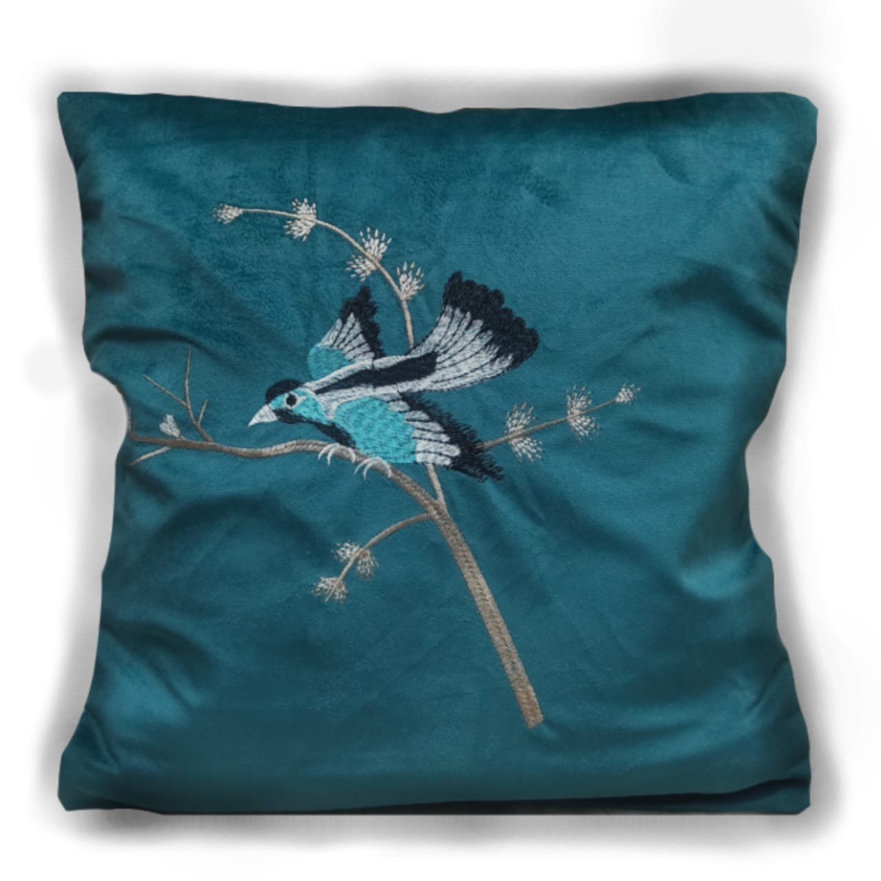 Teal bird branch embroidered cushion cover